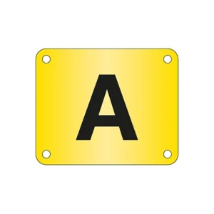 gul gångskylt med bokstav A.